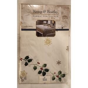 Kemp & Beatley Golden Holiday Fabric Tablecloth 70" Round Christmas NWT